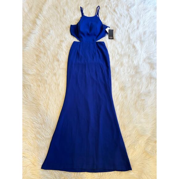 Aidan Mattox Crepe Cut Out Long Dress Halter Backless Maxi Formal Prom Gown Blue - Picture 3 of 10